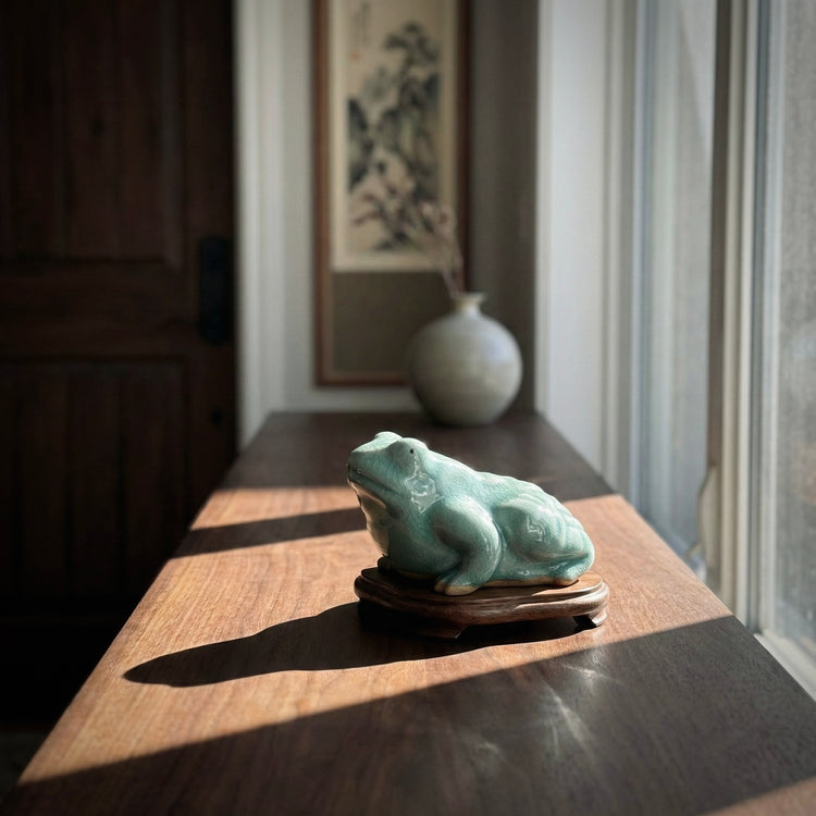 Green frog sculpture on a wooden stand in a room with a vase and framed picture.