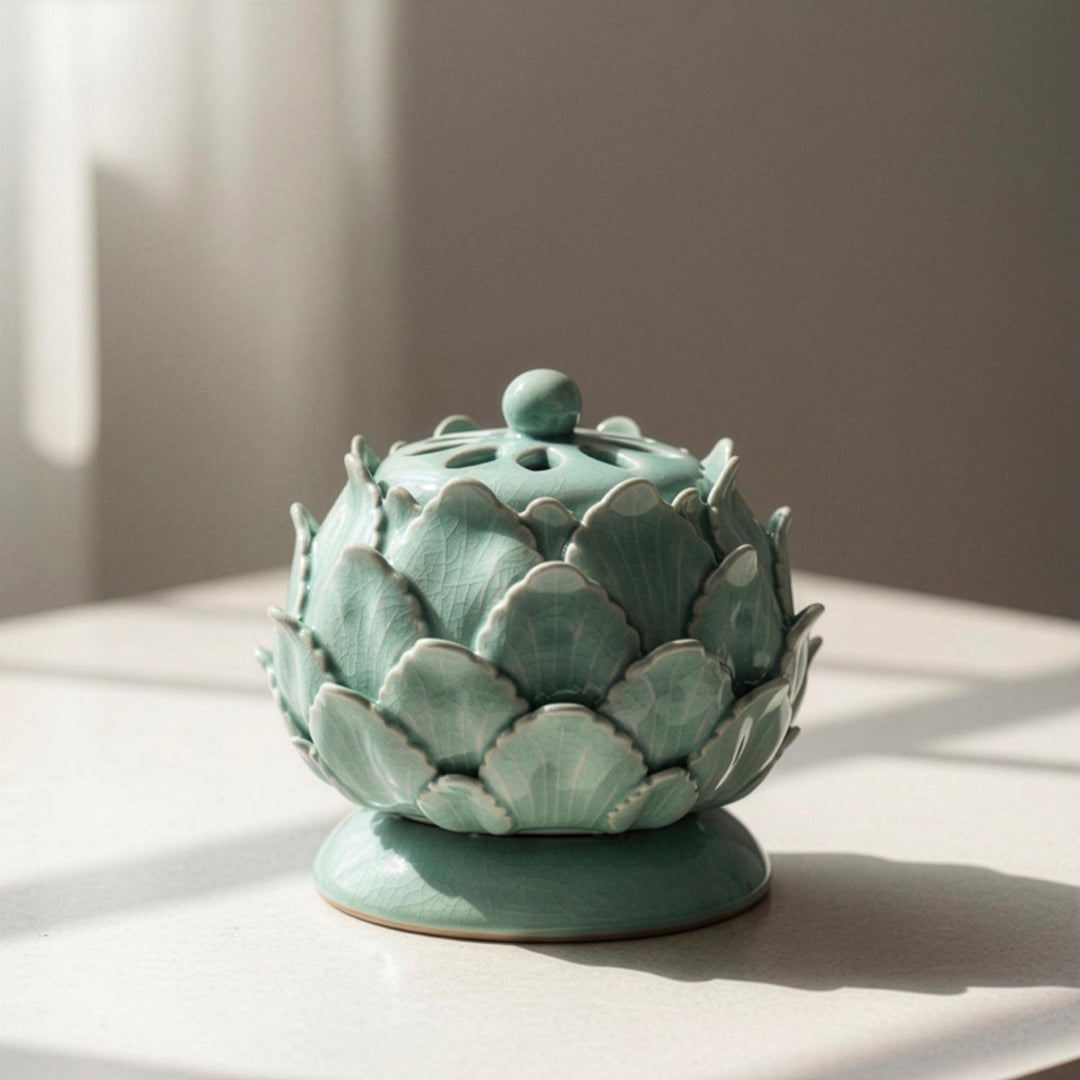 Celadon Incense Burner: Grand Scale with Lotus Motif and Openwork Lid