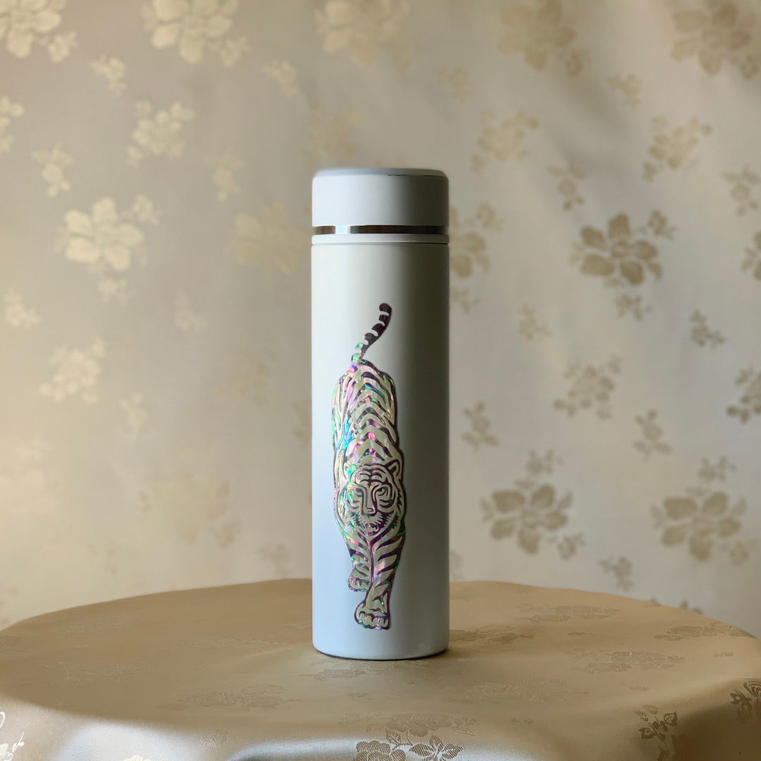 Mother of Pearl White Stainless Thermal Bottle with Tiger Pattern (자개 호문 보온병)
