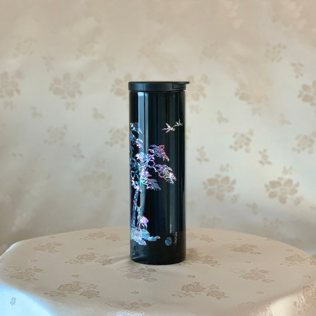 Mother of Pearl Black Stainless Thermal Bottle with Deer, Pine and Crane Pattern (자개 사슴 송학문 보온병)