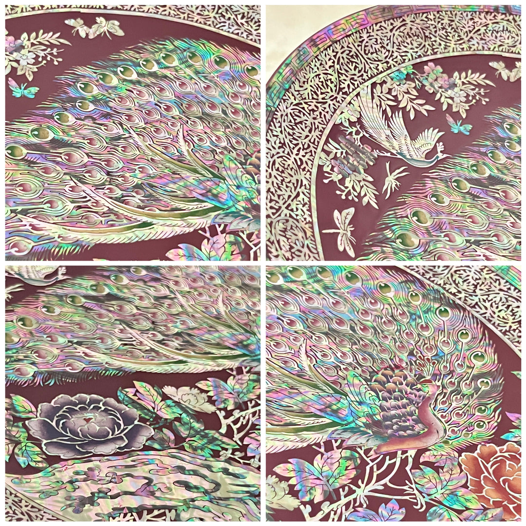 Mother of Pearl Wine Color Wooden Plate with Peacock and Peony Pattern (자개 목단 공작문 접시)