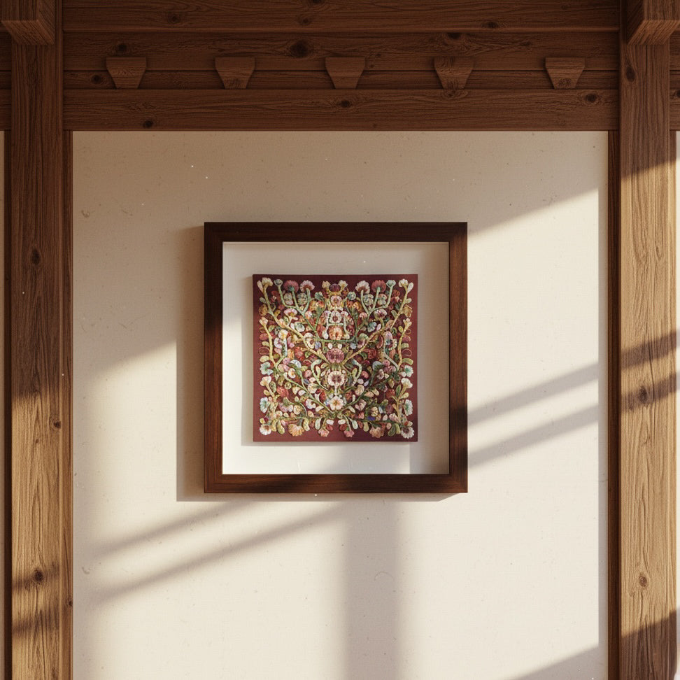 Embroidered Wall Art: Traditional Vine Pattern on Deep Red Silk in Wooden Frame