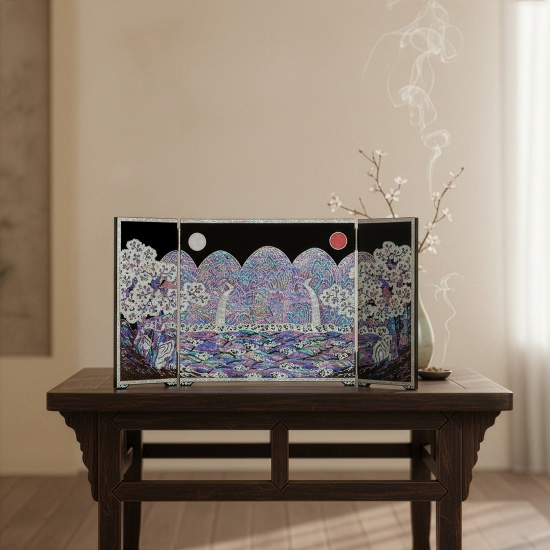 Mother-of-Pearl Folding Screen: Sun, Moon and Five Sacred Peaks Motif