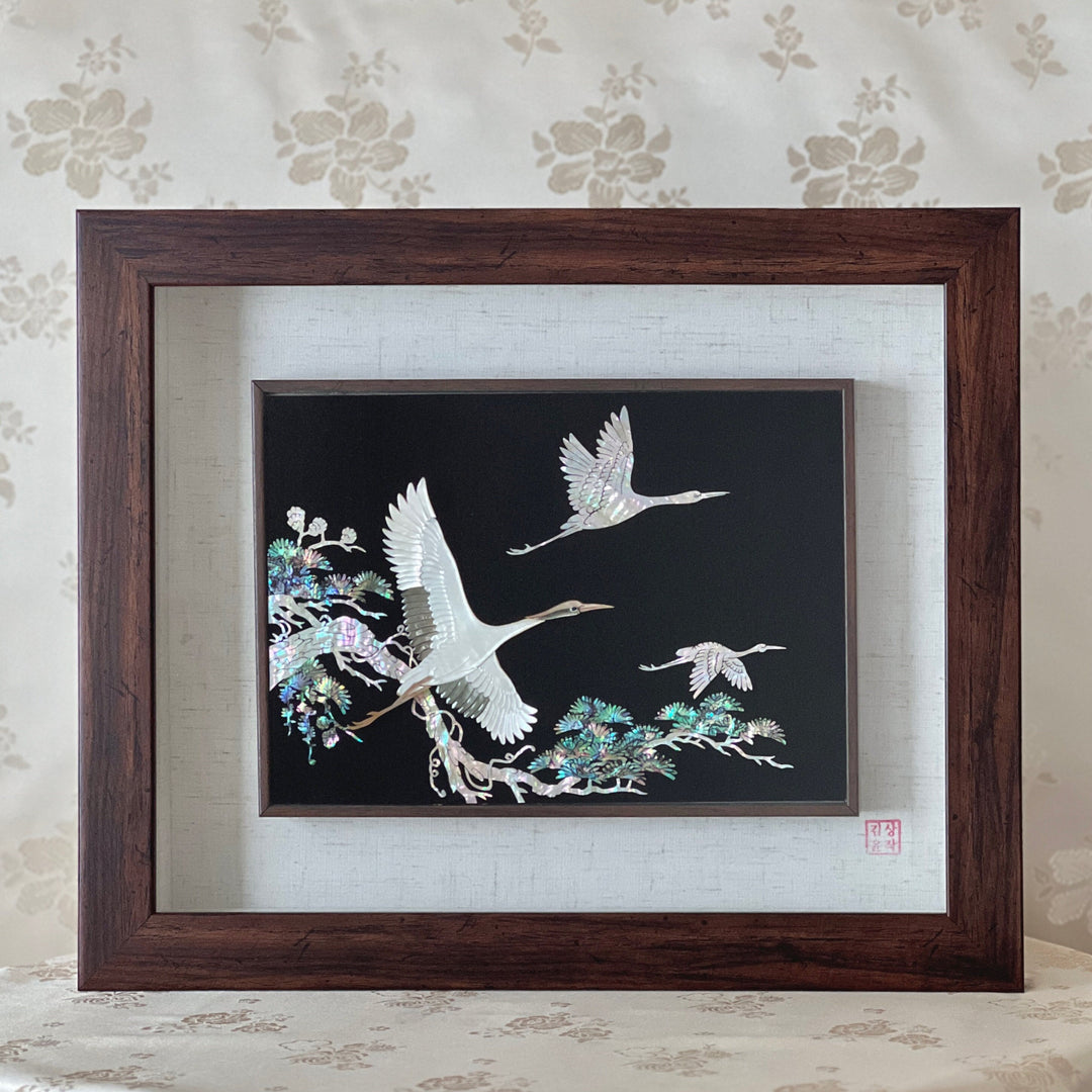 Mother of Pearl Artwork Frame: Crane and Pine Tree Motif