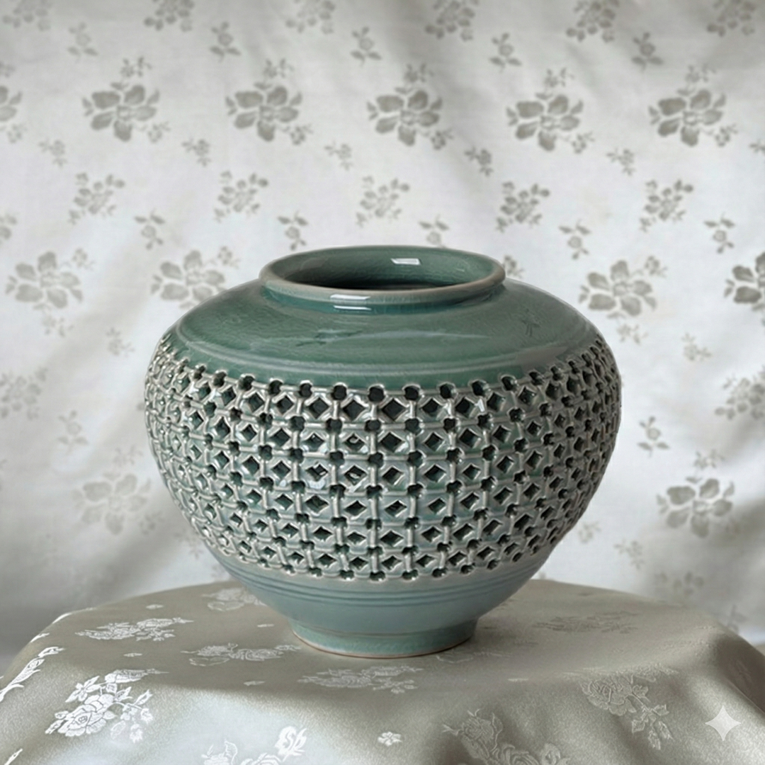 Celadon Double Wall Openwork Vase: Middle Scale, Inlaid Crane and Cloud Motif
