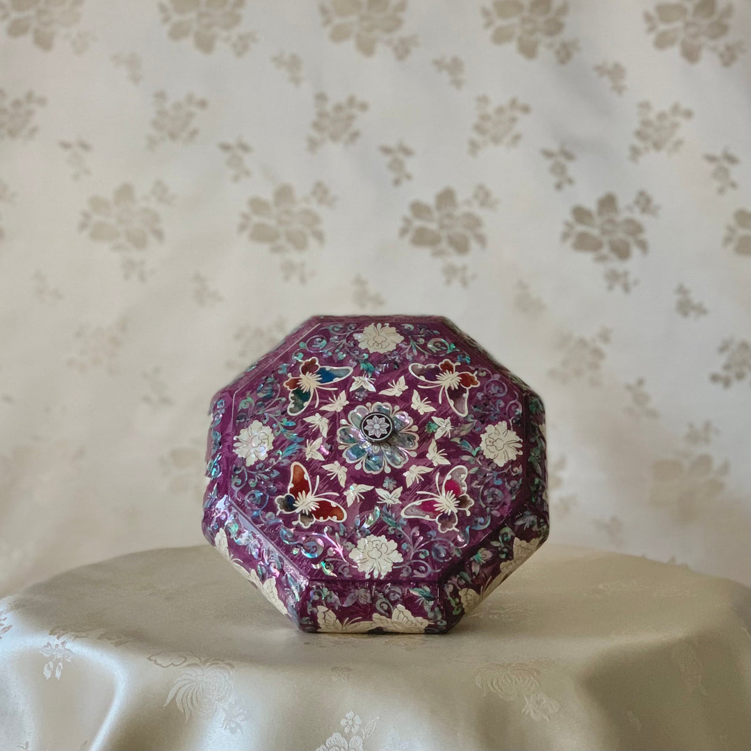 ユニークな韓国の伝統的なマザーオブパールの手作り八角形ジュエリーボックス、花紫色