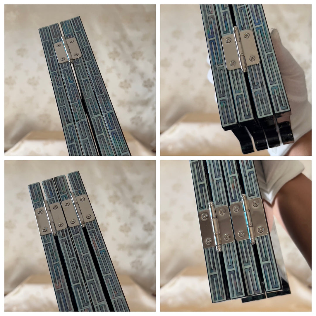 Perlmutt-Holz-Klappschirm für Tisch mit Muster aus Langlebigkeitssymbolen (자개 xnxx 생문 네폭 병풍)