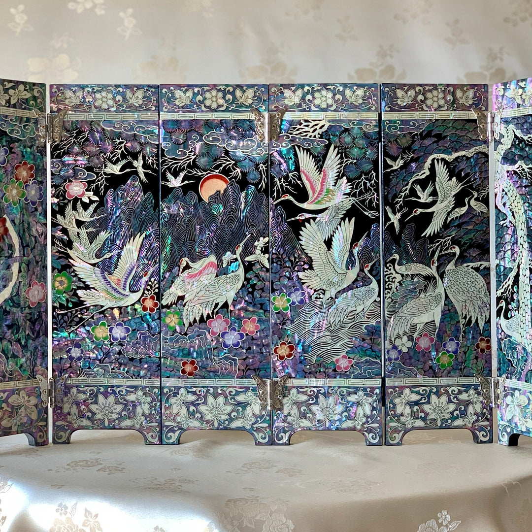 Mother of Pearl Wooden Folding Screen with Pine and Crane Pattern and Poem (자개 송학문 6폭 병풍)