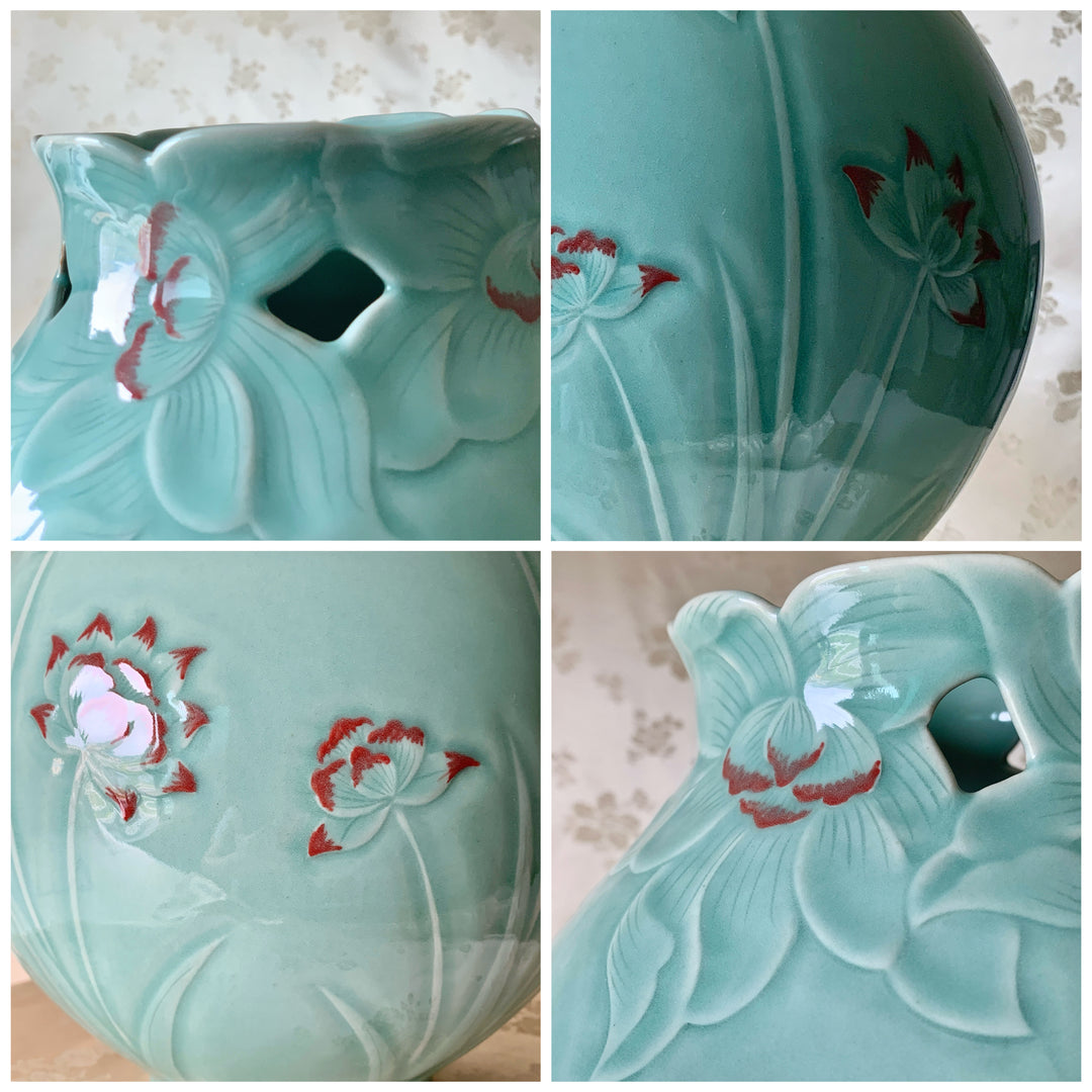Celadon-Vase mit geprägtem Lotusblumenmuster (청자 양각 진사 연화문 호)
