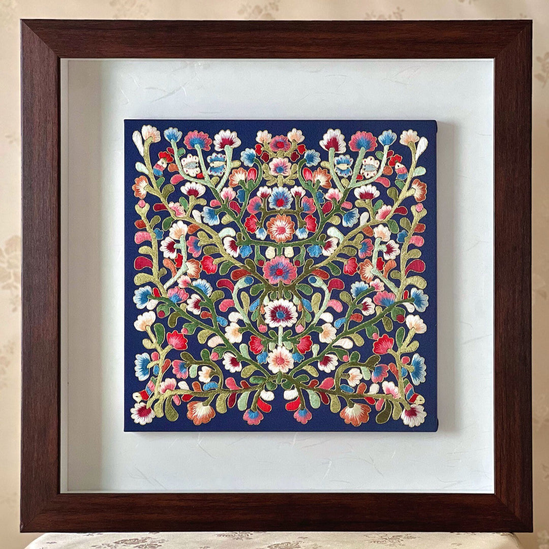 Embroidery with Vines Pattern on Dark Navy Silk in Wooden Frame (자수 당초문 액자)