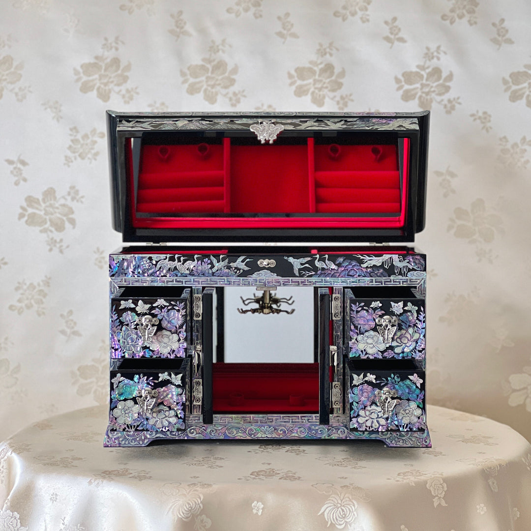 Mother of Pearl Double Door Wide Jewelry Box with Longevity Symbols Pattern (장생문 양문 선비 자개 보석함)