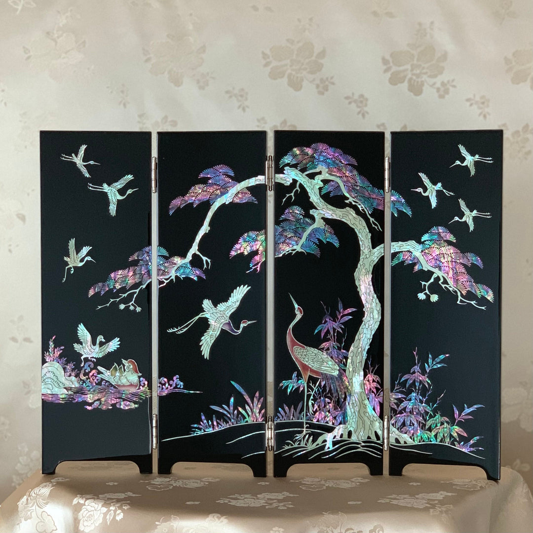 Mother of Pearl Black Color Wooden Folding Screen for Table with Pattern of Longevity Symbols (자개 송학문 4폭 병풍)