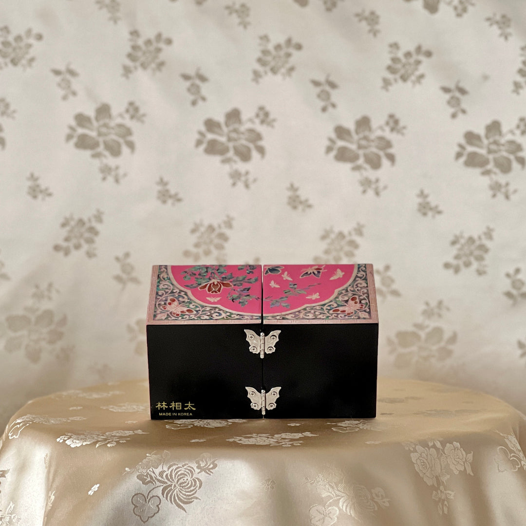 Mother of Pearl Pink Colored Wooden Jewelry Box with Butterfly and Peony Pattern (자개 목단문 쌍합)