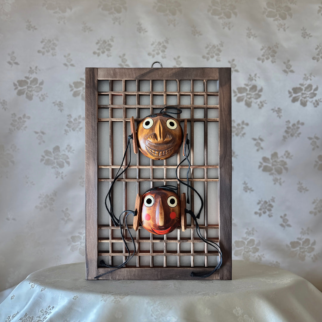 Set of Two Wooden Hahoe Mask for Religious Ceremonies or Dance on Wooden Frame
