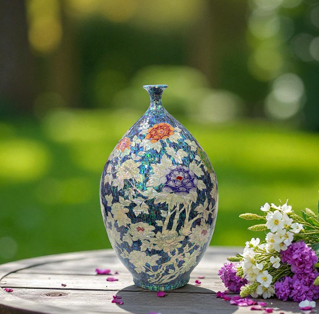 Mother-of-Pearl Ceramic Vase: Butterfly and Peony Motif on Deep Blue Abalone