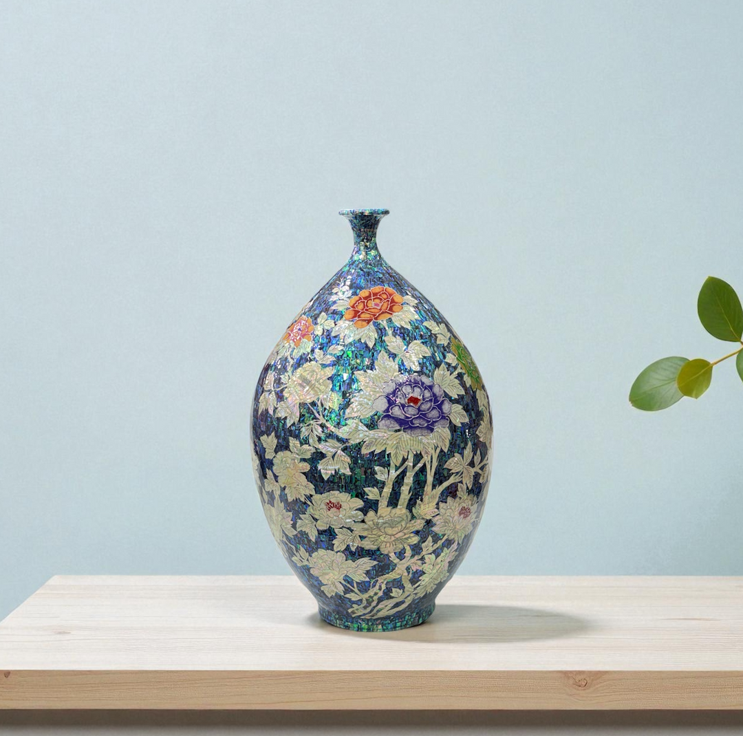 Mother-of-Pearl Ceramic Vase: Butterfly and Peony Motif on Deep Blue Abalone