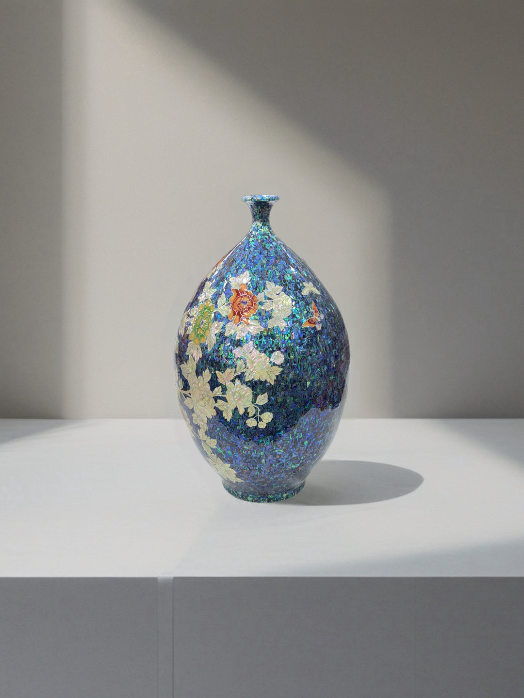 Mother-of-Pearl Ceramic Vase: Butterfly and Peony Motif on Deep Blue Abalone