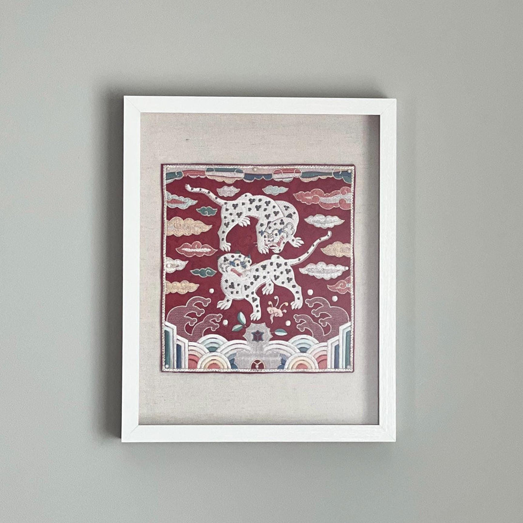 Embroidered Art Emblem: Tiger Pair Motif in Frame, Red Ground