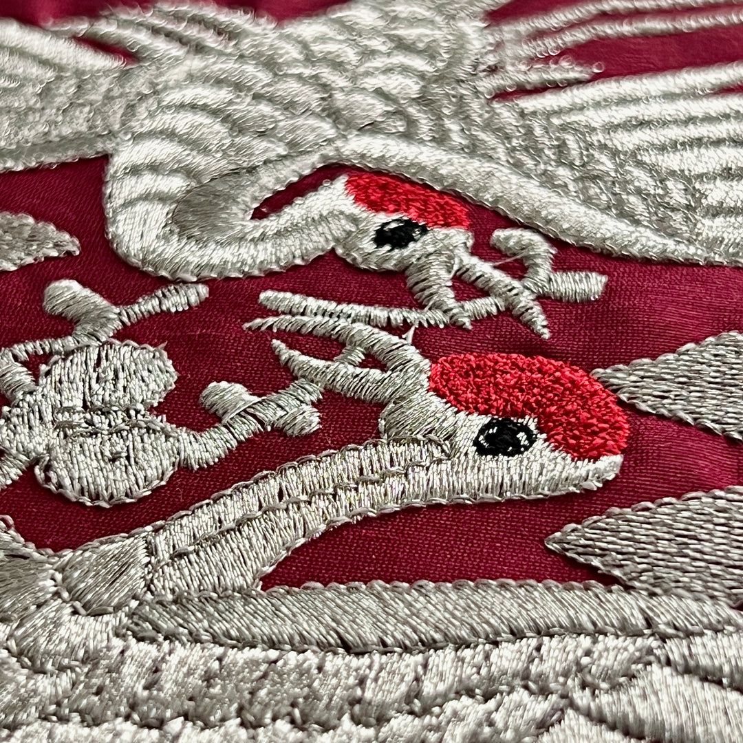 Embroidered Art Panel: Crane Pair Motif on Red Ground