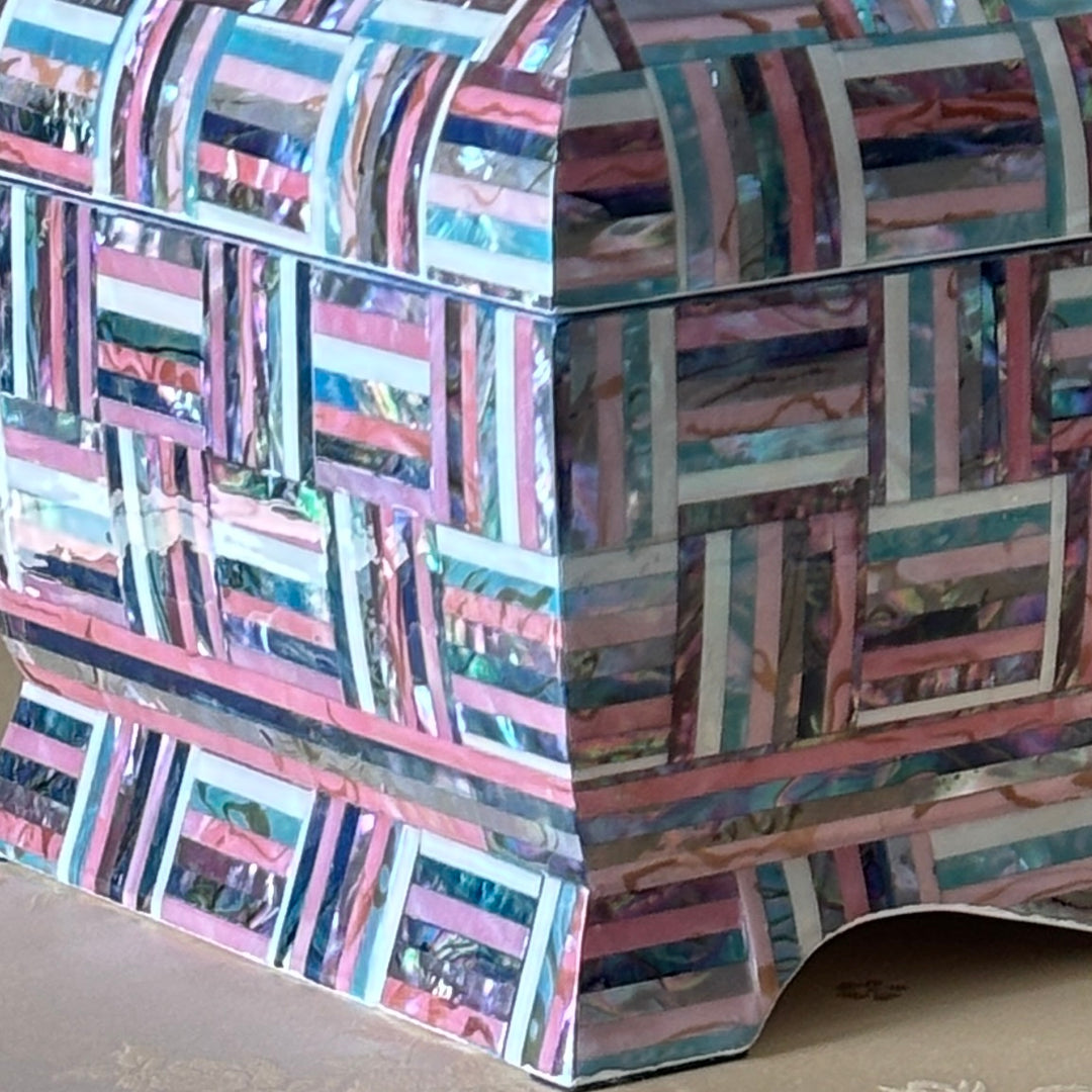 Mother of Pearl Chest: Curved Body, Geometric Abalone Strip Composition