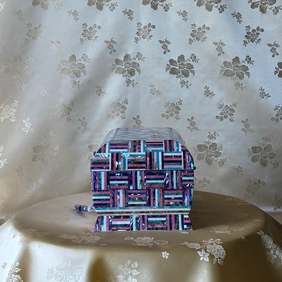 Mother of Pearl Chest: Curved Body, Geometric Abalone Strip Composition