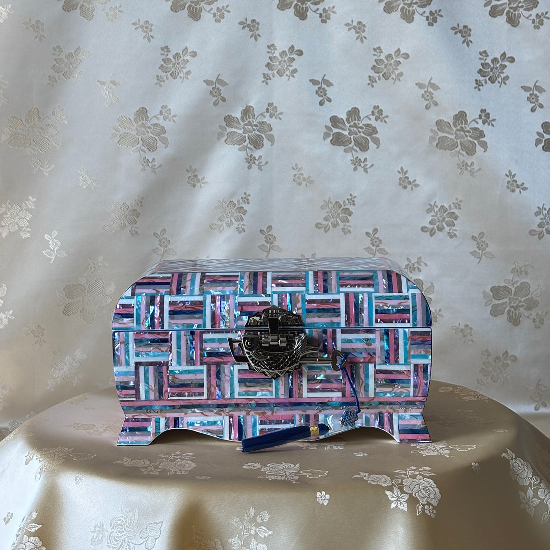 Mother of Pearl Chest: Curved Body, Geometric Abalone Strip Composition