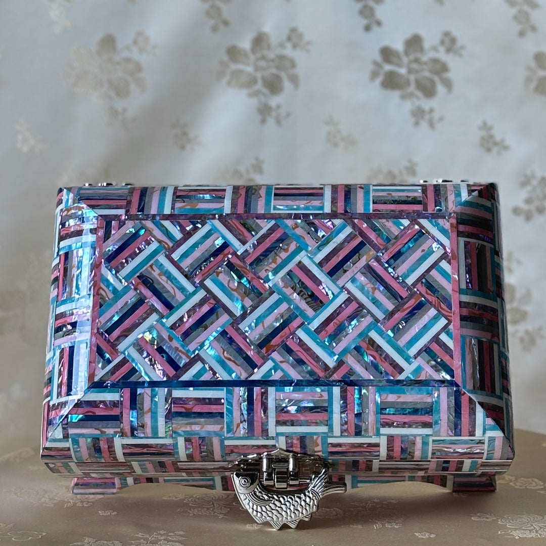 Mother of Pearl Chest: Curved Body, Geometric Abalone Strip Composition