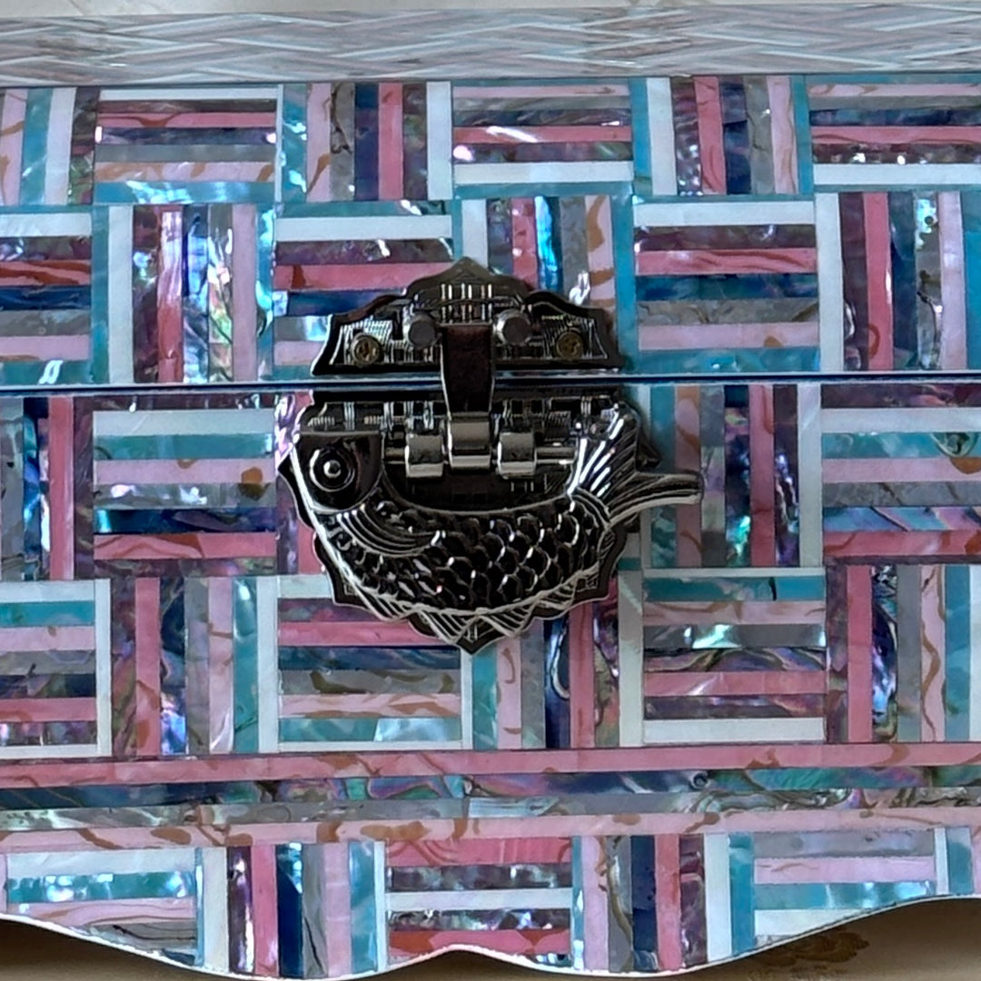 Mother of Pearl Chest: Curved Body, Geometric Abalone Strip Composition