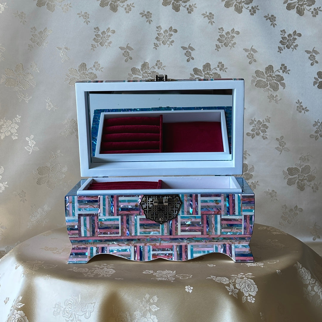Mother of Pearl Chest: Curved Body, Geometric Abalone Strip Composition