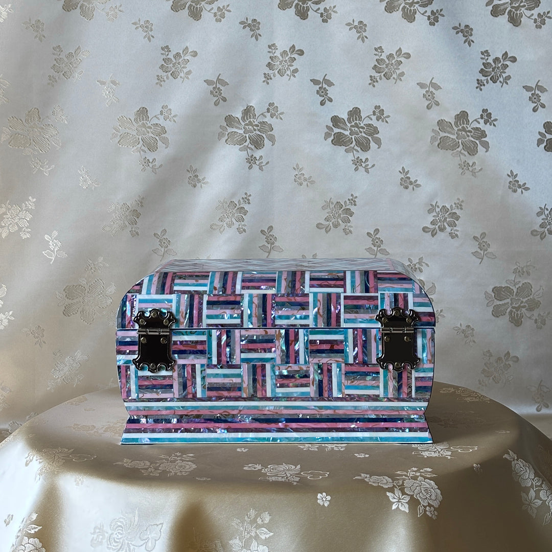 Mother of Pearl Chest: Curved Body, Geometric Abalone Strip Composition