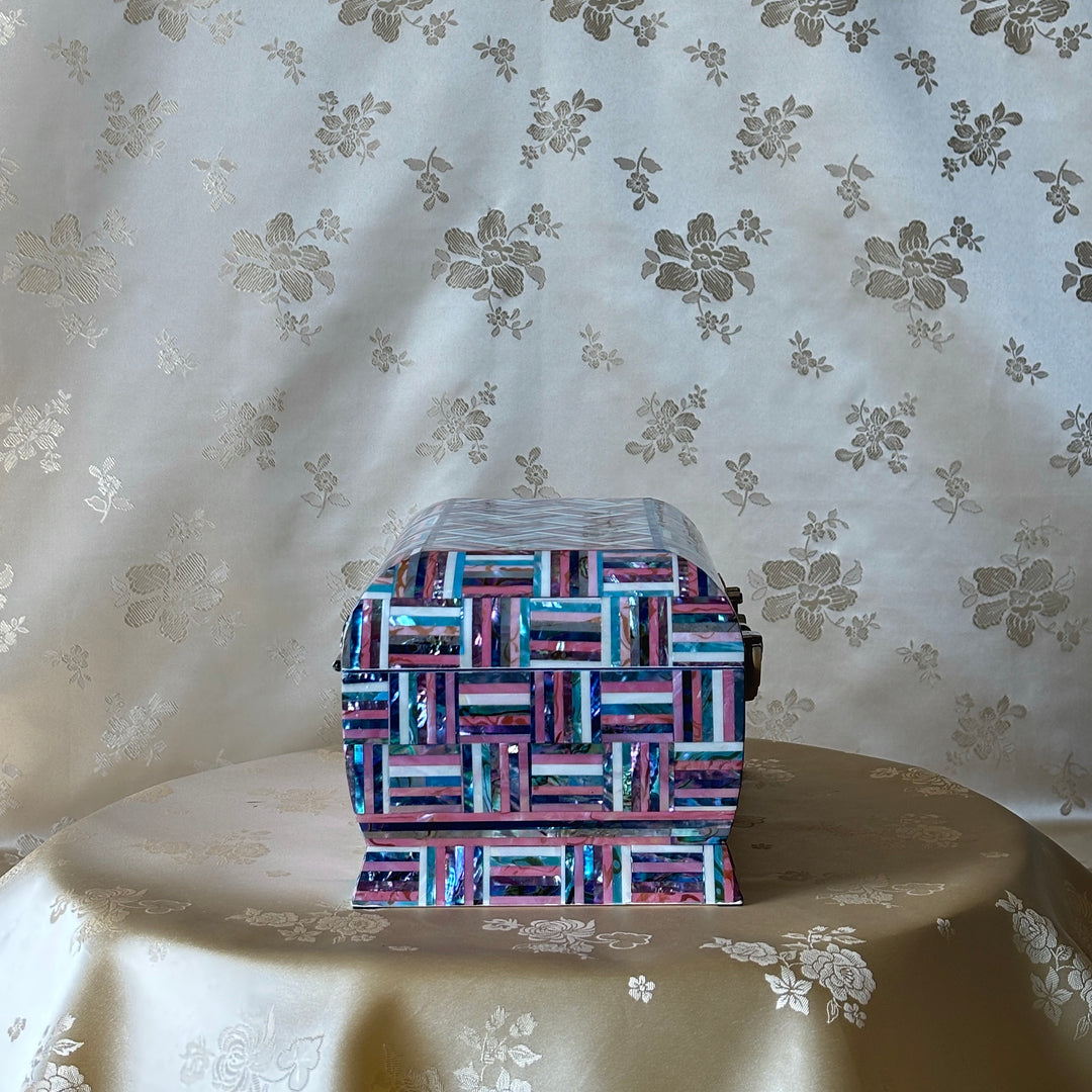 Mother of Pearl Chest: Curved Body, Geometric Abalone Strip Composition