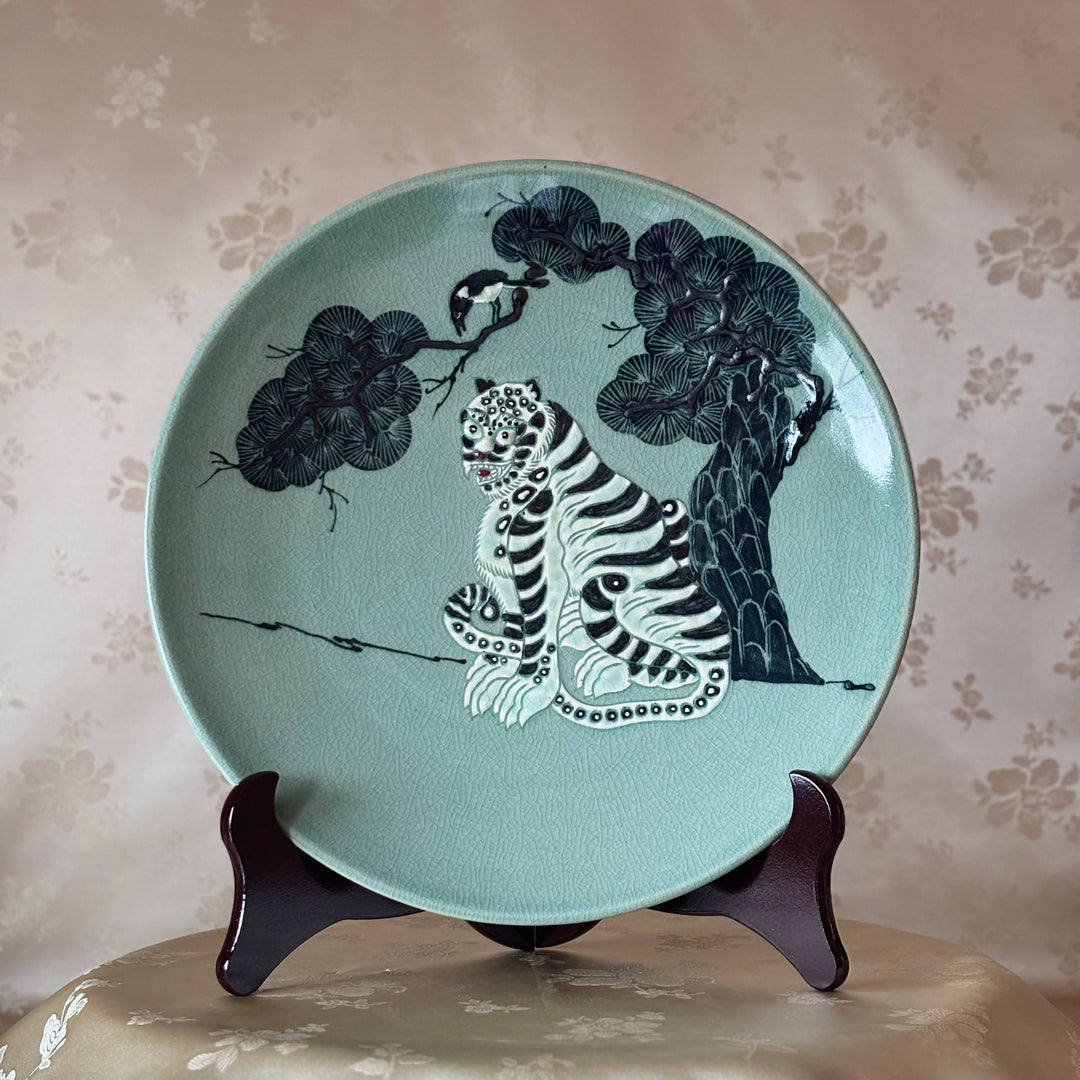Celadon Decorative Plate: Relief-Applied Tiger and Magpie Motif by Master Artisan