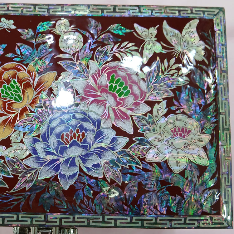 Decorative Korean box with floral and butterfly designs on a dark background
