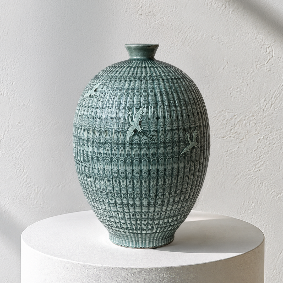 Celadon Long Vessel (Ho): Yeollimun Mixed-Clay Technique with Crane Motif, 2024