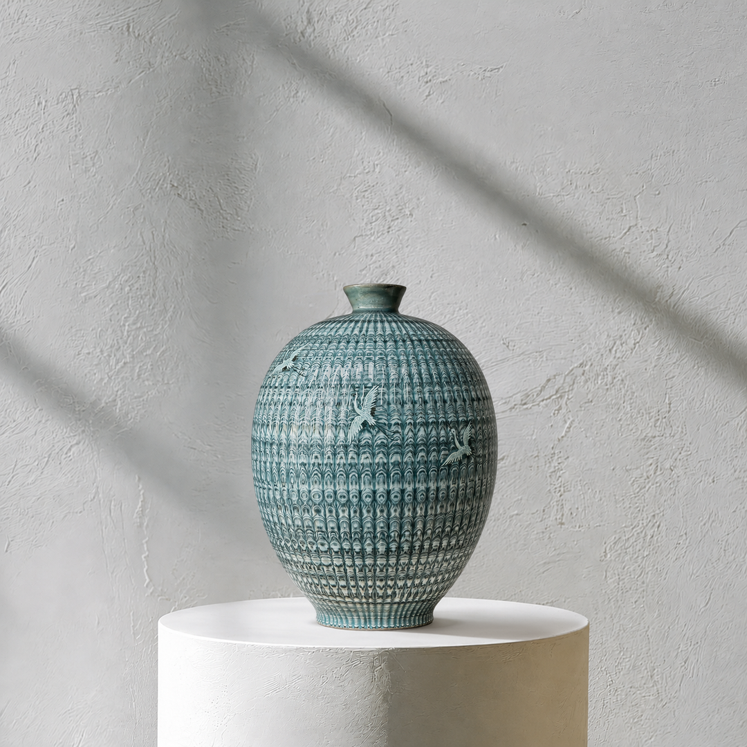 Celadon Long Vessel (Ho): Yeollimun Mixed-Clay Technique with Crane Motif, 2024