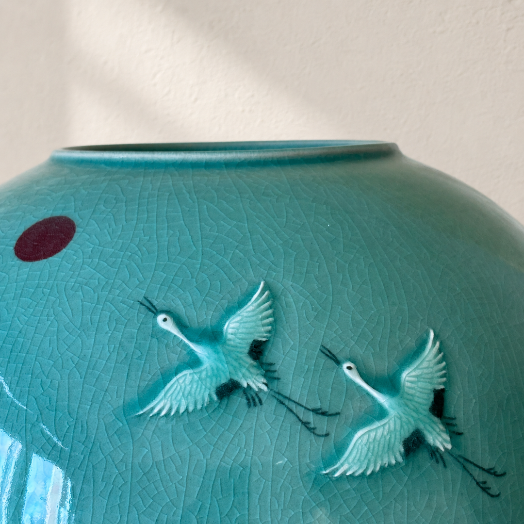 Celadon Vessel: Paired Cranes in Raised Relief with Red Sun, 2024