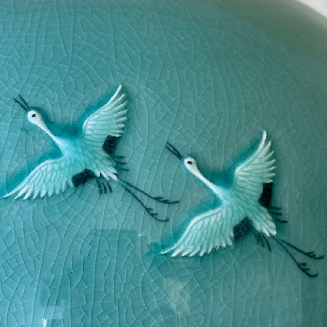 Celadon Vessel: Paired Cranes in Raised Relief with Red Sun, 2024