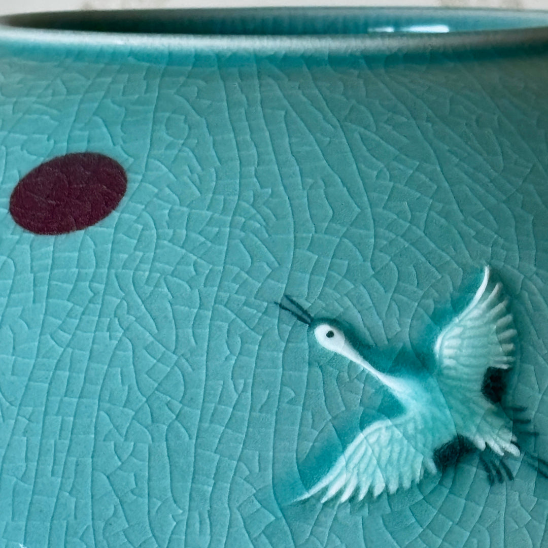 Celadon Vessel: Paired Cranes in Raised Relief with Red Sun, 2024