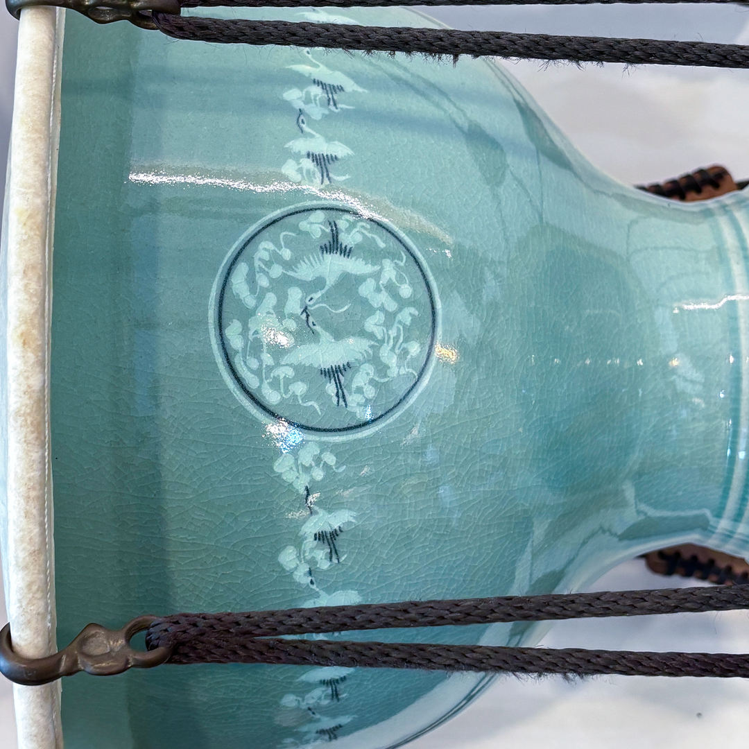 Celadon Janggu (Hourglass Drum): Inlaid Cloud-and-Crane Motif