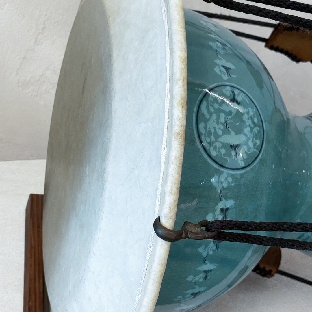 Celadon Janggu (Hourglass Drum): Inlaid Cloud-and-Crane Motif