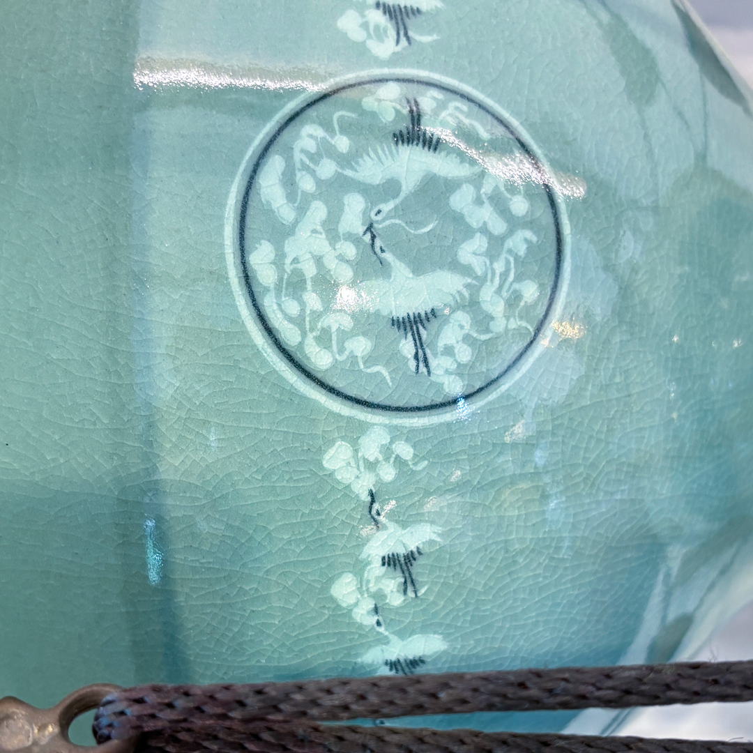 Celadon Janggu (Hourglass Drum): Inlaid Cloud-and-Crane Motif