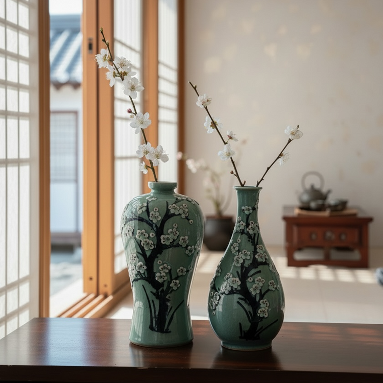 Two green vases with floral designs on a wooden table in a traditional room.
