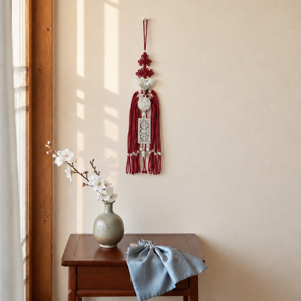 Decorative tassel hanging on a wall next to a wooden table with a vase and cloth.