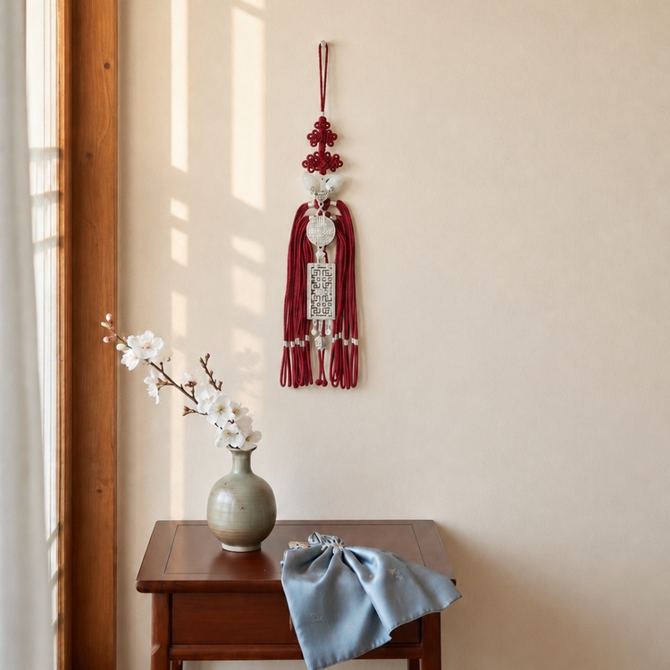 Decorative tassel hanging on a wall next to a wooden table with a vase and cloth.