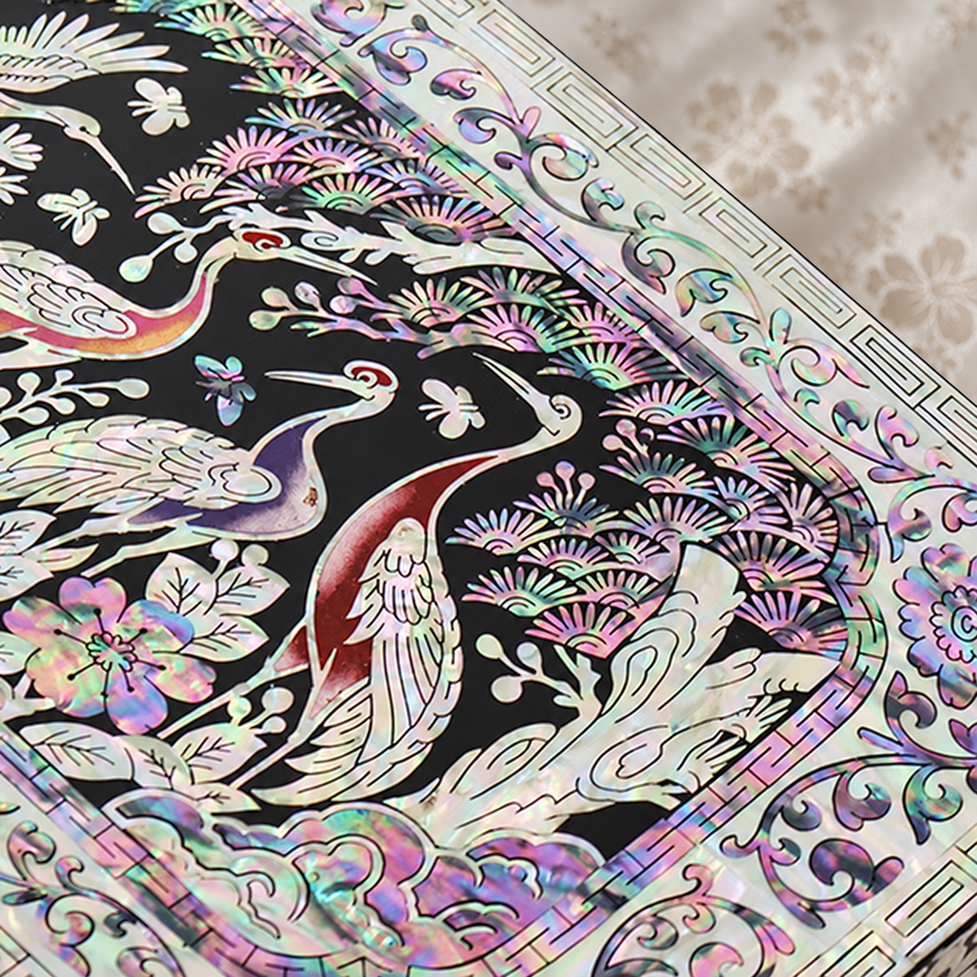 Mother-of-Pearl Double-Doored Jewelry Chest: Grand scale, Ten Symbols of Longevity Motif