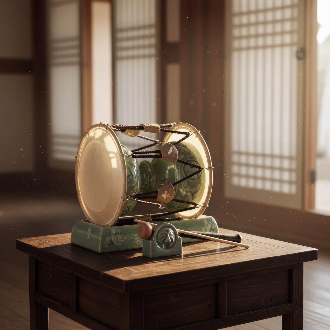 Traditional Korean drum on a wooden table with a warm interior background