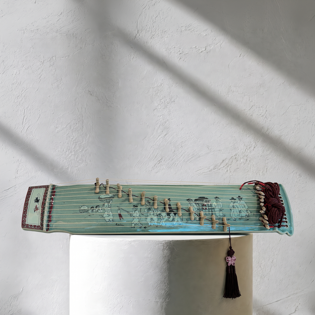 Celadon Sanjo Gayageum Sculpture: Inlaid Wedding Procession Motif