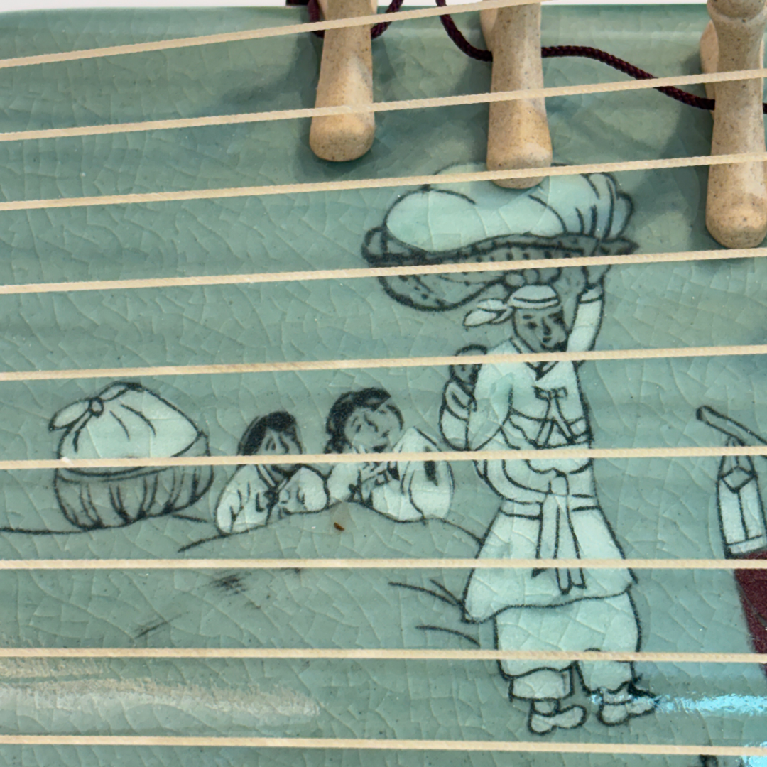 Celadon Sanjo Gayageum Sculpture: Inlaid Wedding Procession Motif