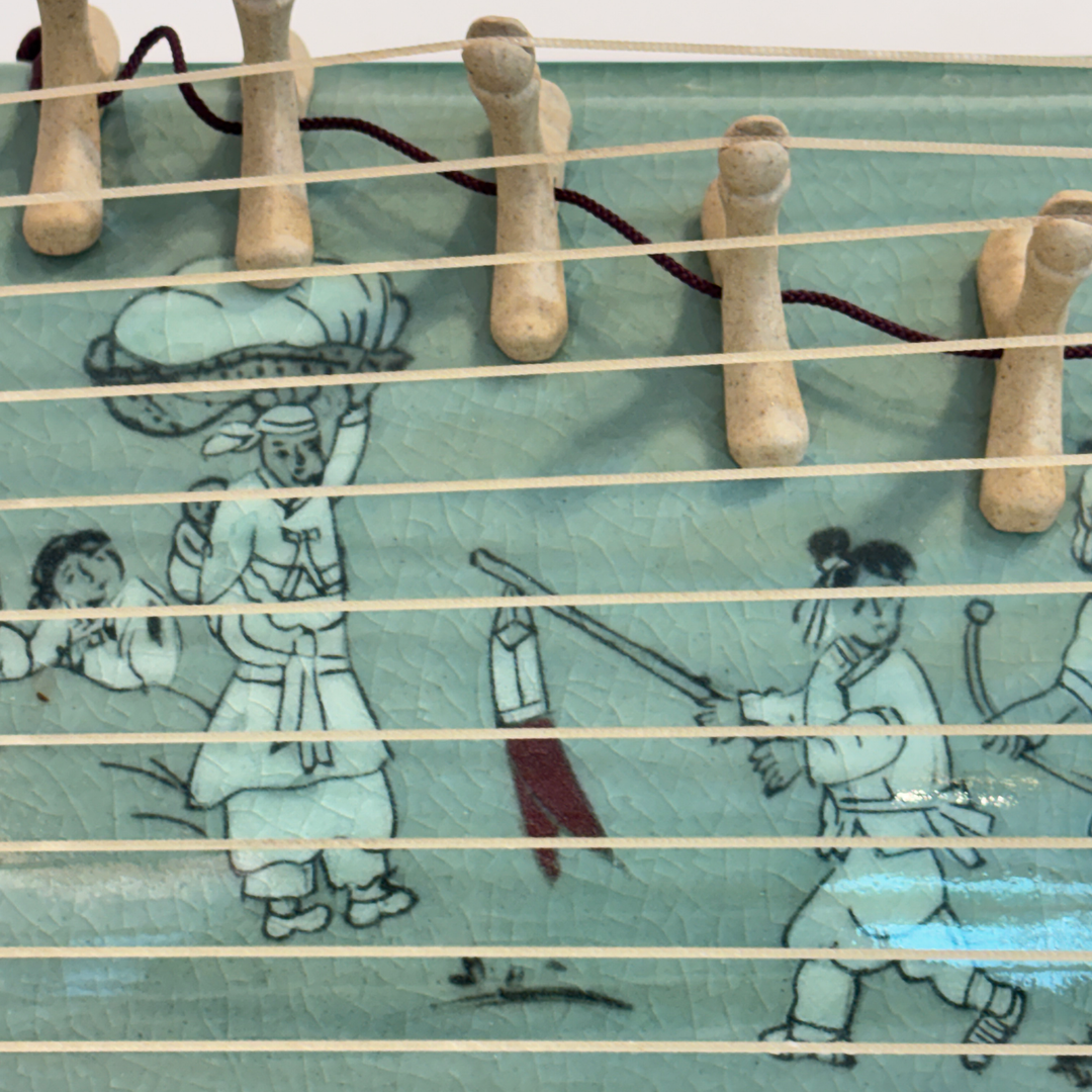 Celadon Sanjo Gayageum Sculpture: Inlaid Wedding Procession Motif