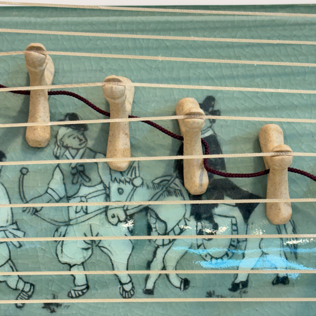 Celadon Sanjo Gayageum Sculpture: Inlaid Wedding Procession Motif